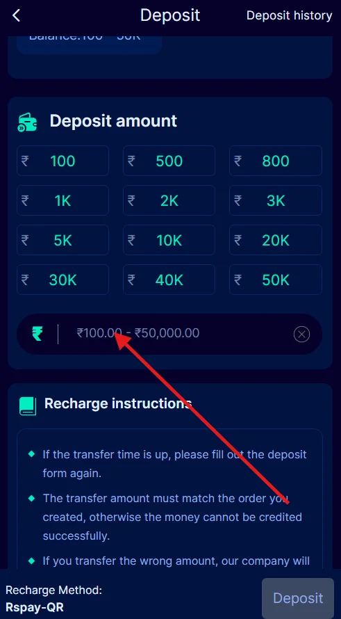 Enter the deposit amount